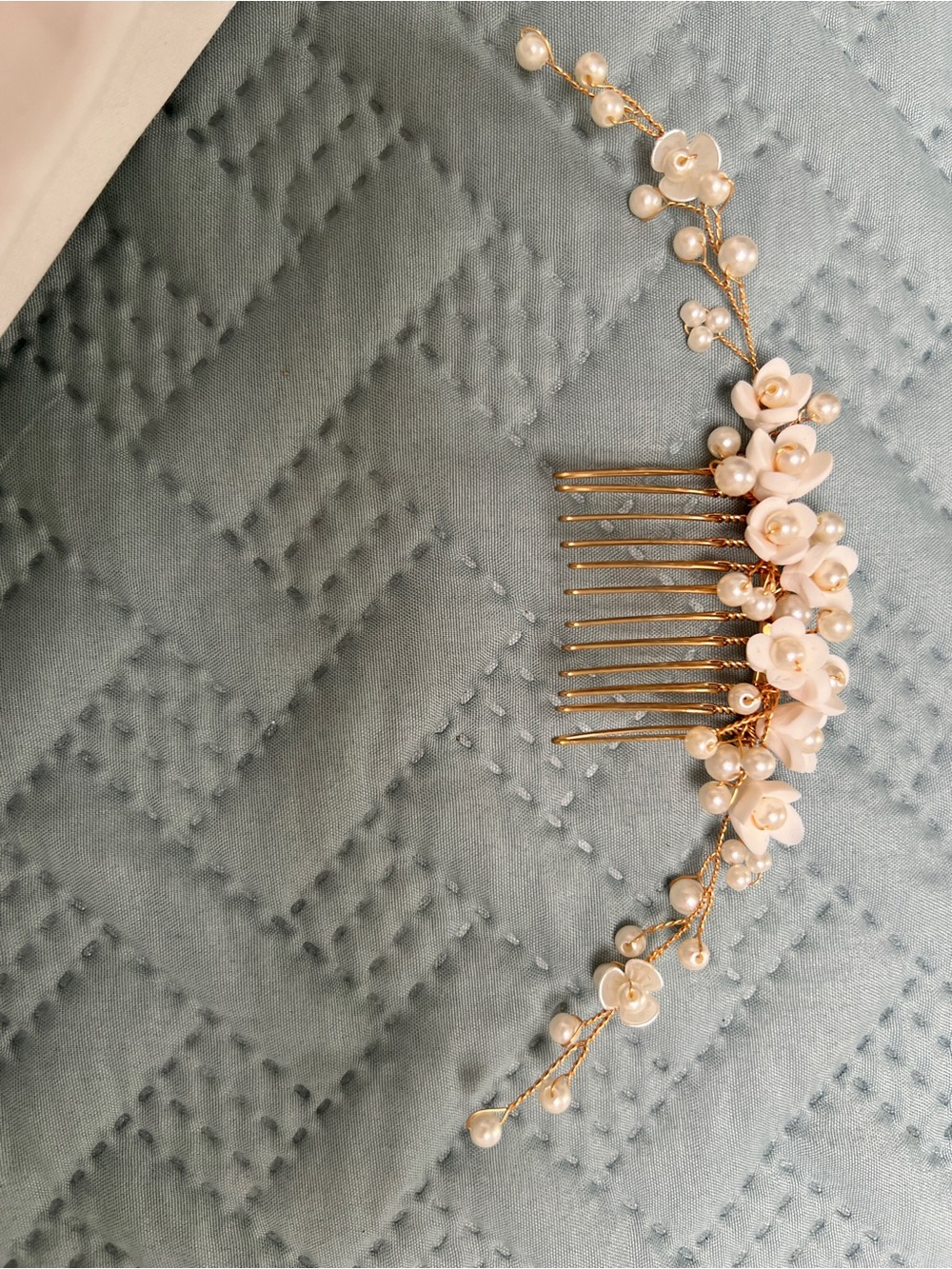 Gold Floral Pearl Hair Comb - Pink Pearl Accent